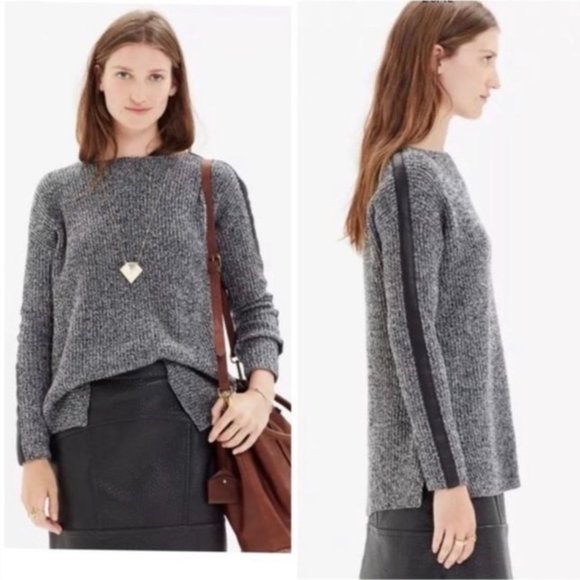 Madewell Sweaters - Madewell Grey Wool Sweater Leather Trim Stripe